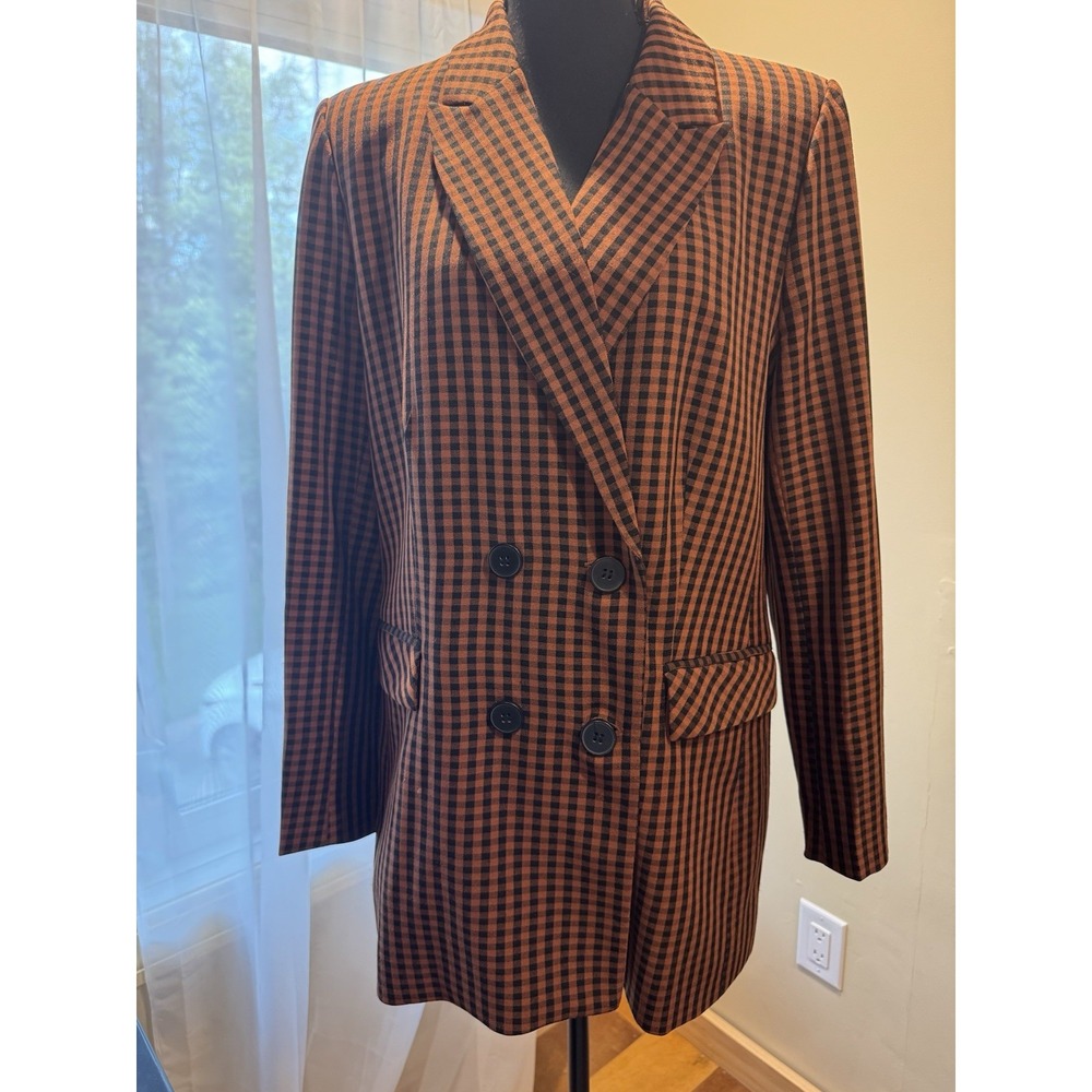 Bar III Beca Tilley Brown/Black Check Double Breasted Lined Blazer Women's L